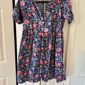 LOFT Bright Floral Button-Front Dress with Puff Sleeves and Pockets